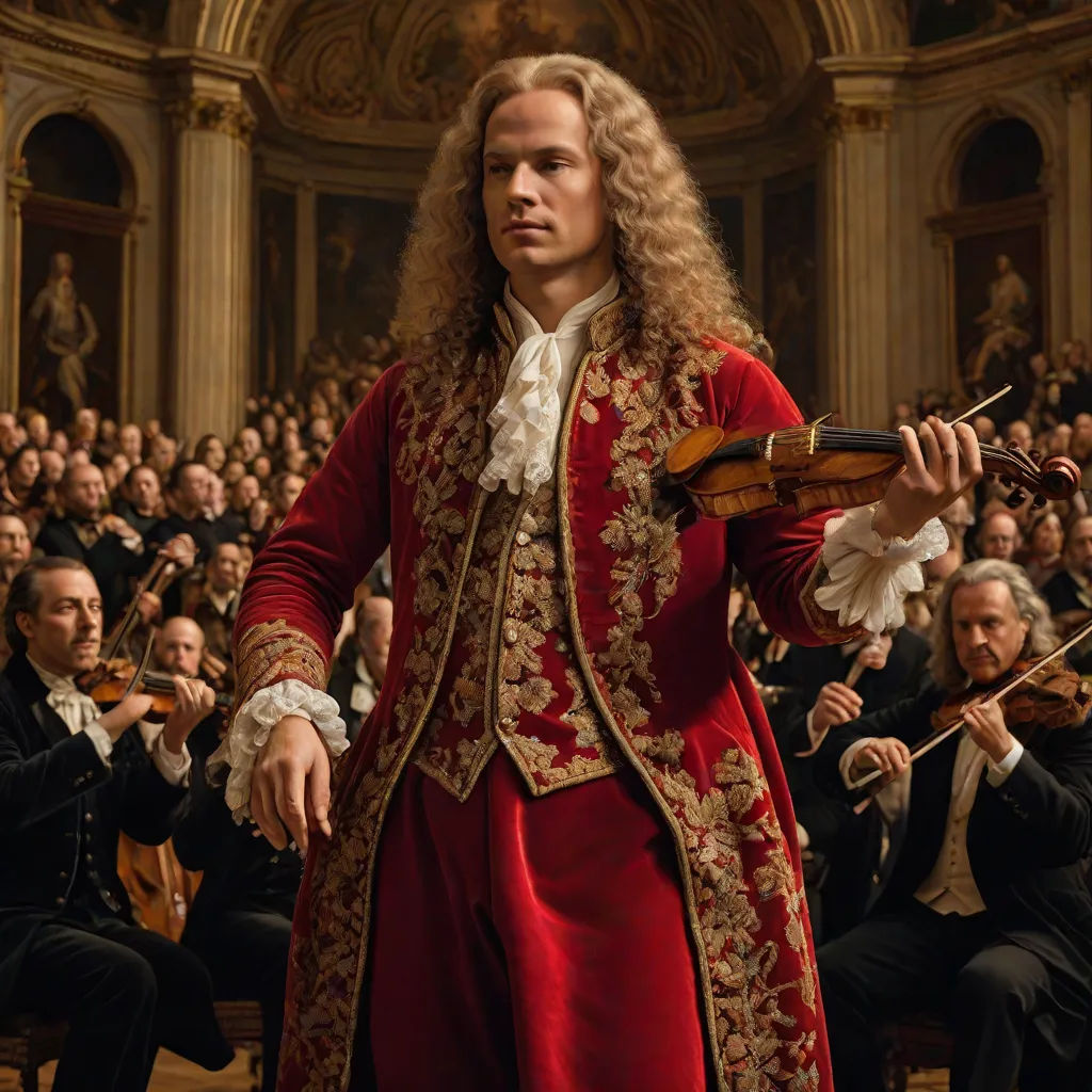 a man in a red suit playing a violin in front of a crowd of people in black suits and white shirts, a flemish Baroque, Alexander Roslin, rococo, promotional image