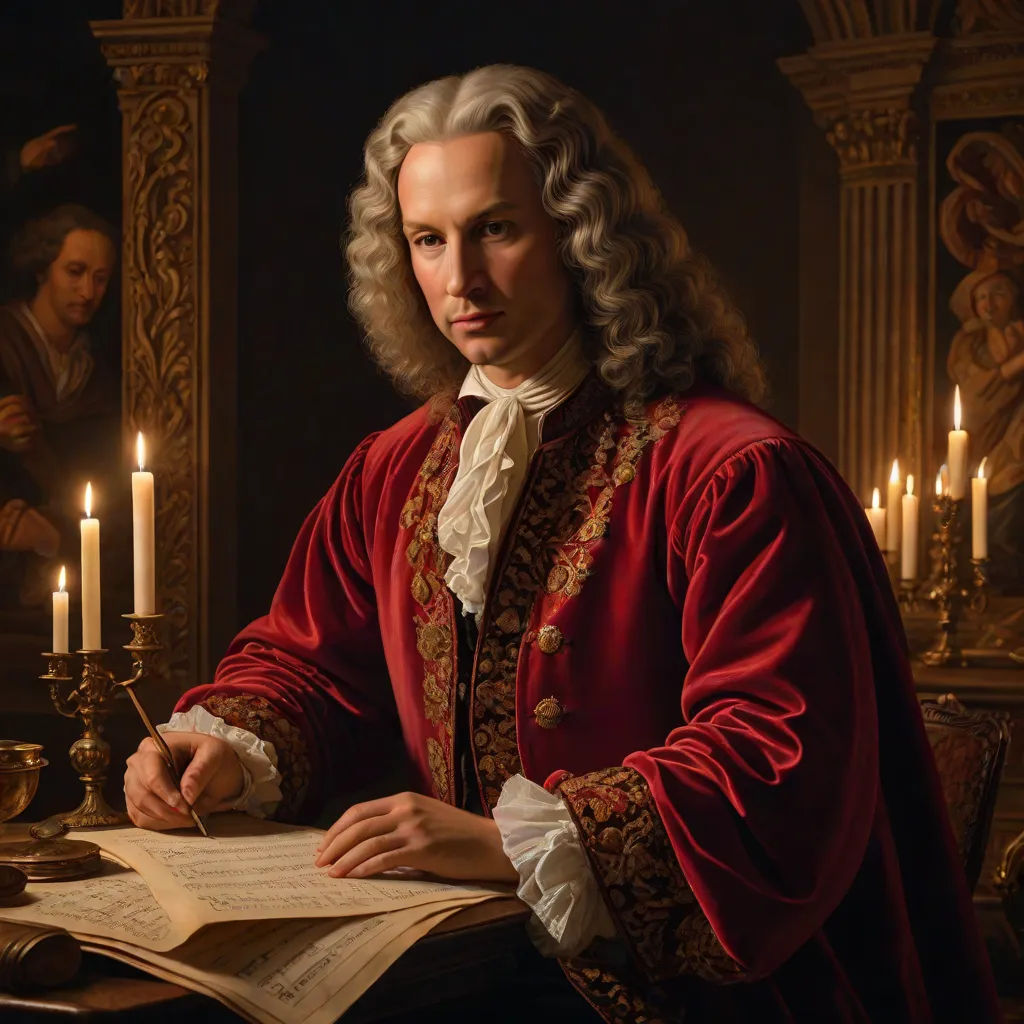 a man in a red coat writing on a piece of paper with candles in the background and a painting of a man in a red coat, a flemish Baroque, Alexander Roslin, mannerism, highly detailed oil painting