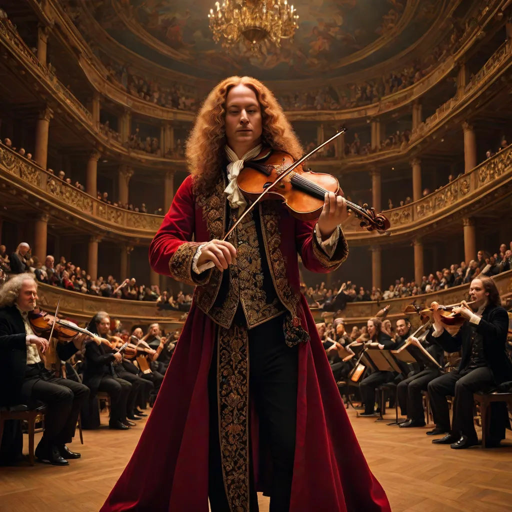 a man in a red coat playing a violin in a concert hall with orchestra members in the background and a chandelier, a flemish Baroque, Charles Angrand, baroque, cinematic photography