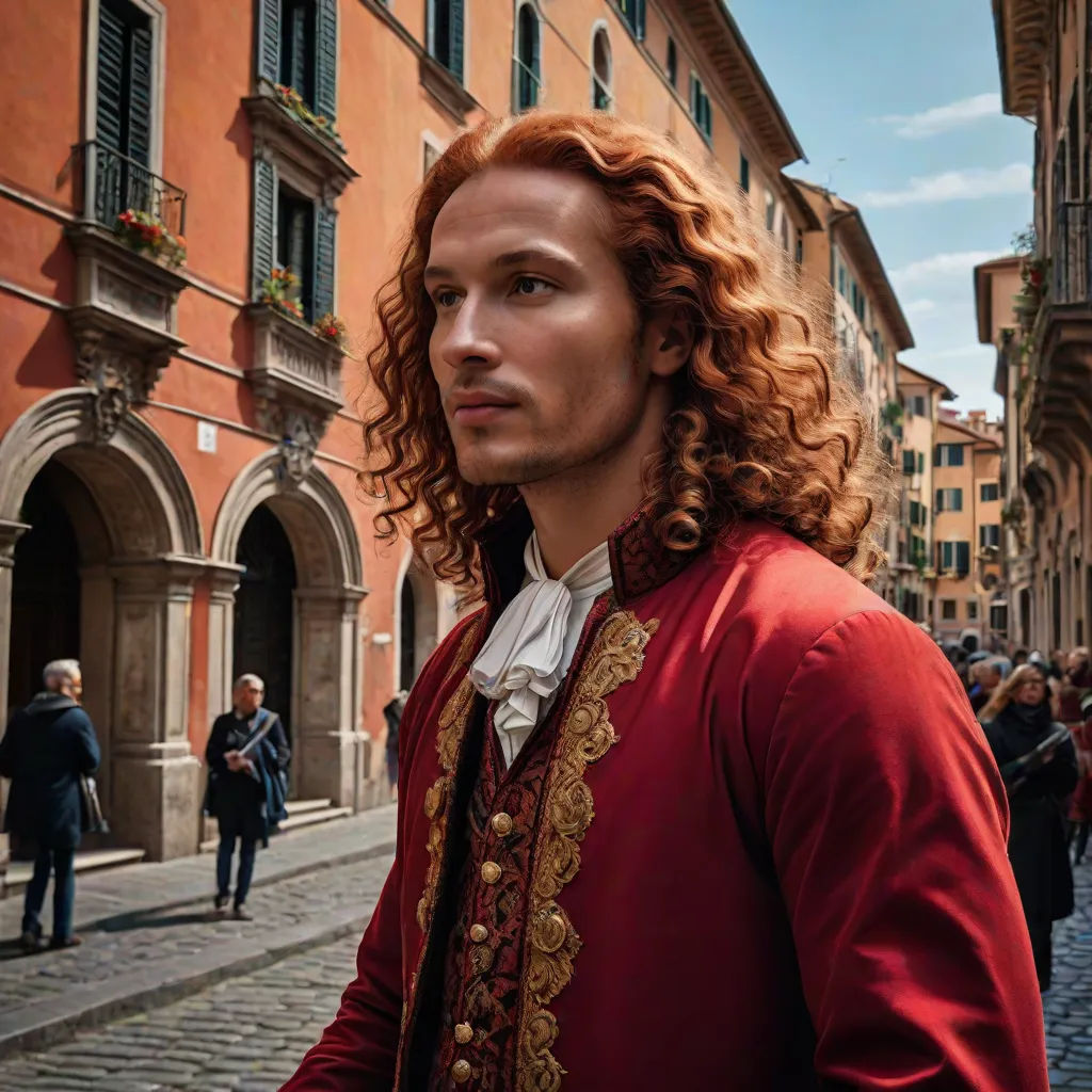 a man in a red jacket is standing on a street corner with people walking around him and a building in the background, a character portrait, Alesso Baldovinetti, renaissance, promotional image