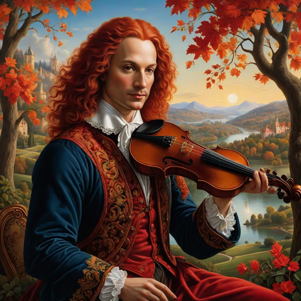 a painting of a man with a violin in his hand and a painting of a castle in the background, a fine art painting, Donato Giancola, naive art, highly detailed oil painting