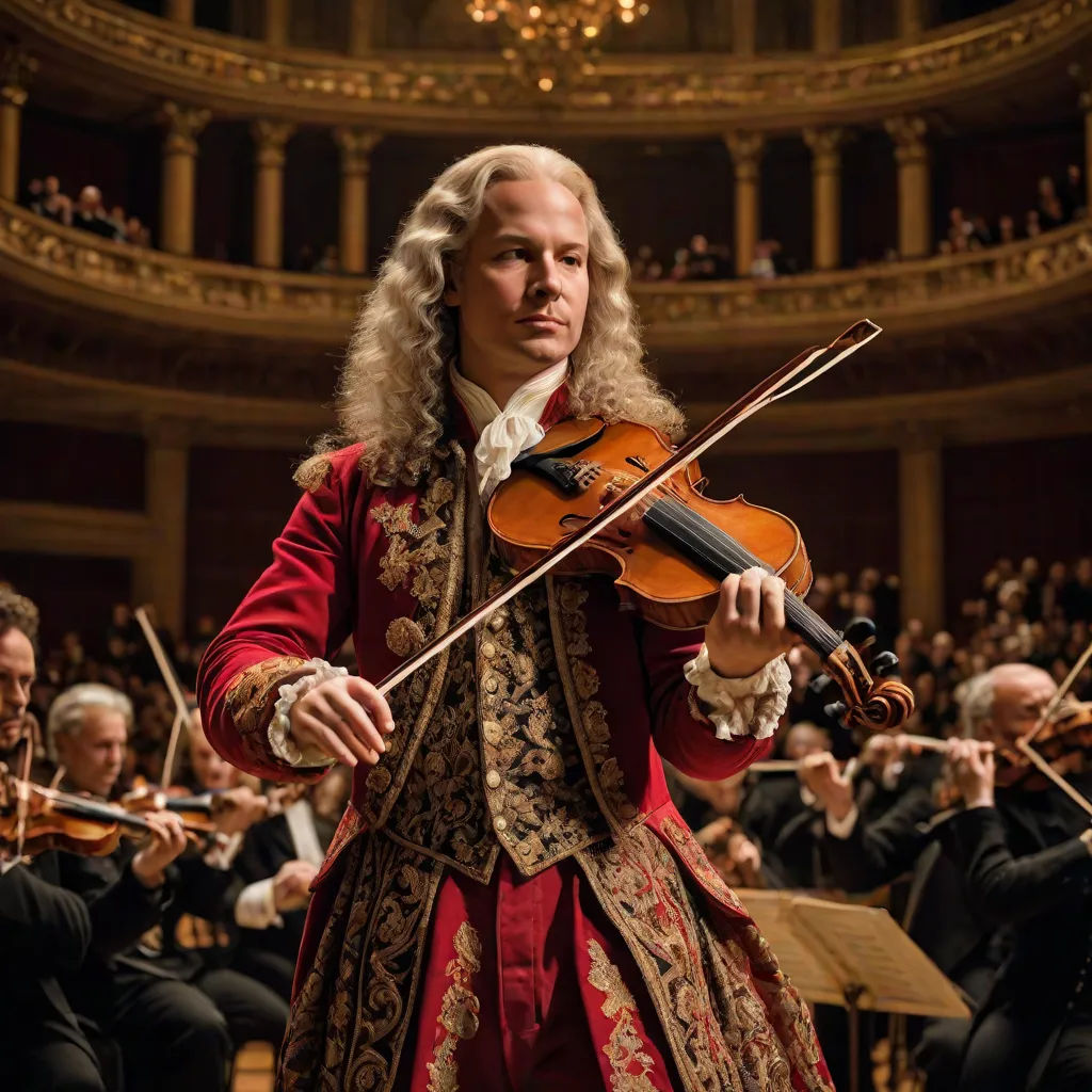 a man in a red suit playing a violin in front of a crowd of people in a theatre with a chandelier, a flemish Baroque, Alexander Roslin, baroque, promotional image