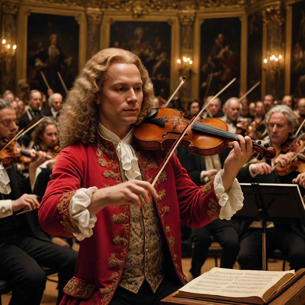 a man in a red jacket playing a violin in front of a crowd of people in formal dress clothes, a flemish Baroque, Alexander Roslin, rococo, movie still