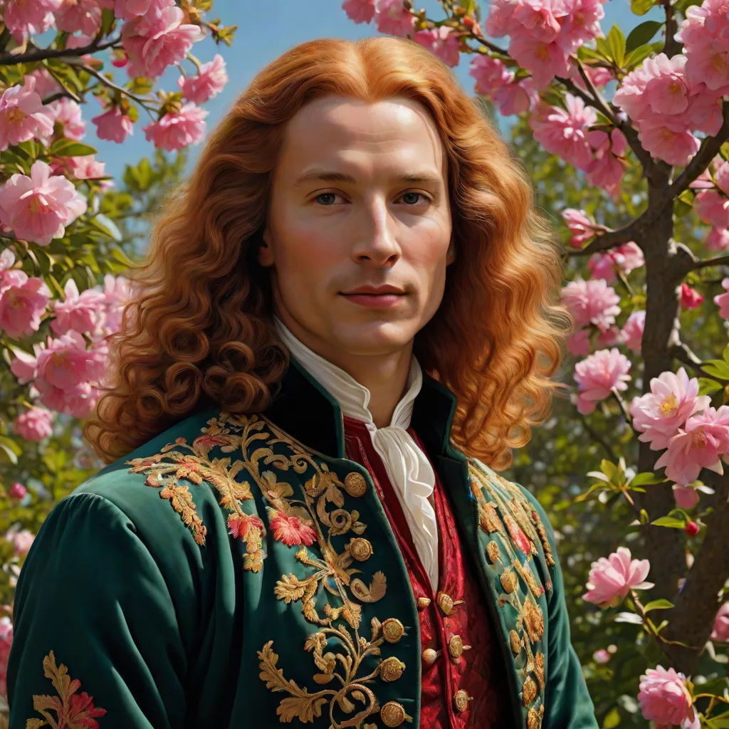 a painting of a man in a green jacket and red hair standing in front of a tree with pink flowers, a photorealistic painting, Alexander Roslin, pre-raphaelitism, extremely detailed oil painting