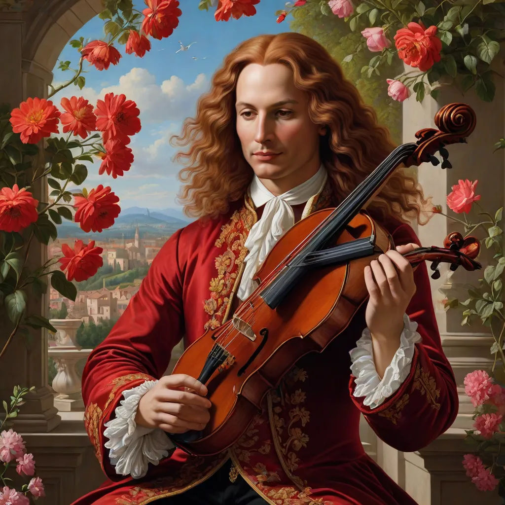 a painting of a man playing a violin in front of a rose bush with red flowers in the background, a photorealistic painting, Donato Giancola, rococo, highly detailed oil painting