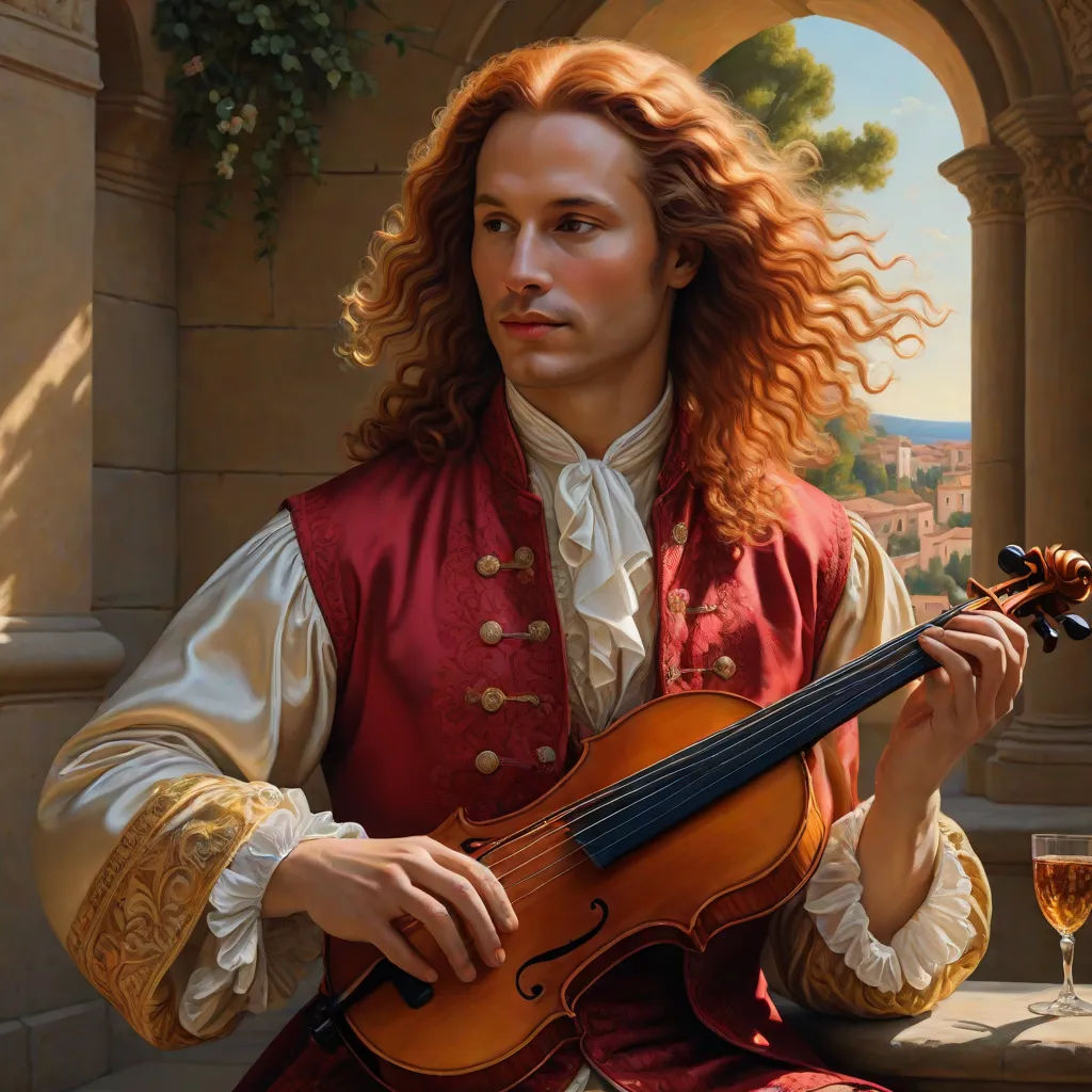 a painting of a man playing a violin with a glass of wine in front of him and a painting of a building behind him, a photorealistic painting, Donato Giancola, figurative art, highly detailed digital painting