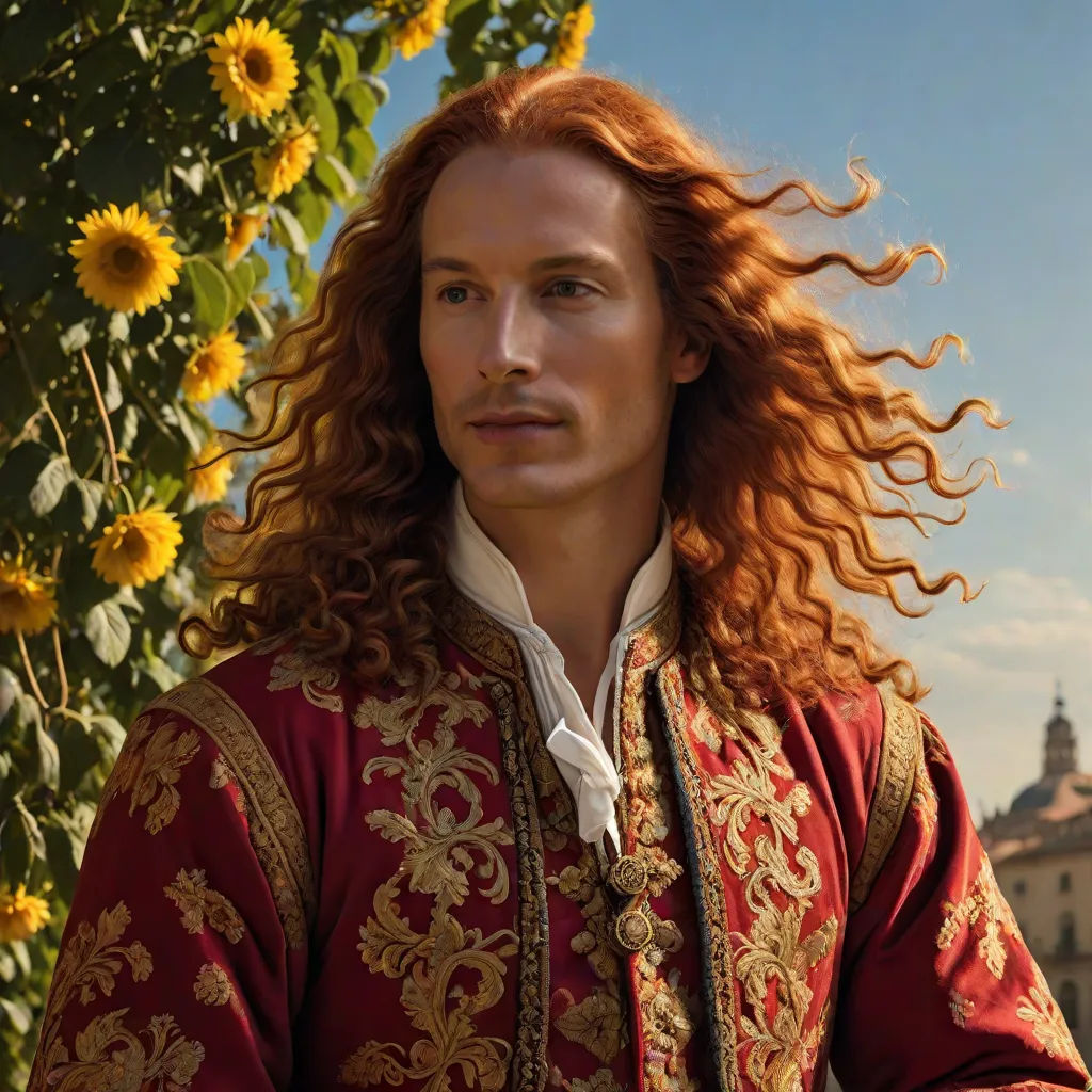 a man with long red hair wearing a red and gold outfit and a sunflower bush in the background, a flemish Baroque, Artur Tarnowski, rococo, promotional image