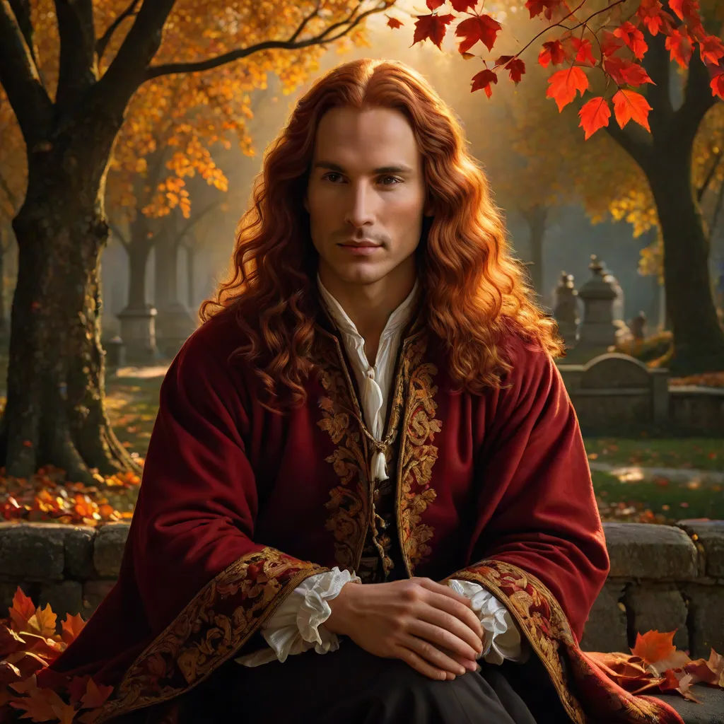 a man in a red coat sitting on a bench in a park with trees and leaves around him and a light shining on the ground, a character portrait, Fabien Charuau, mannerism, promotional image