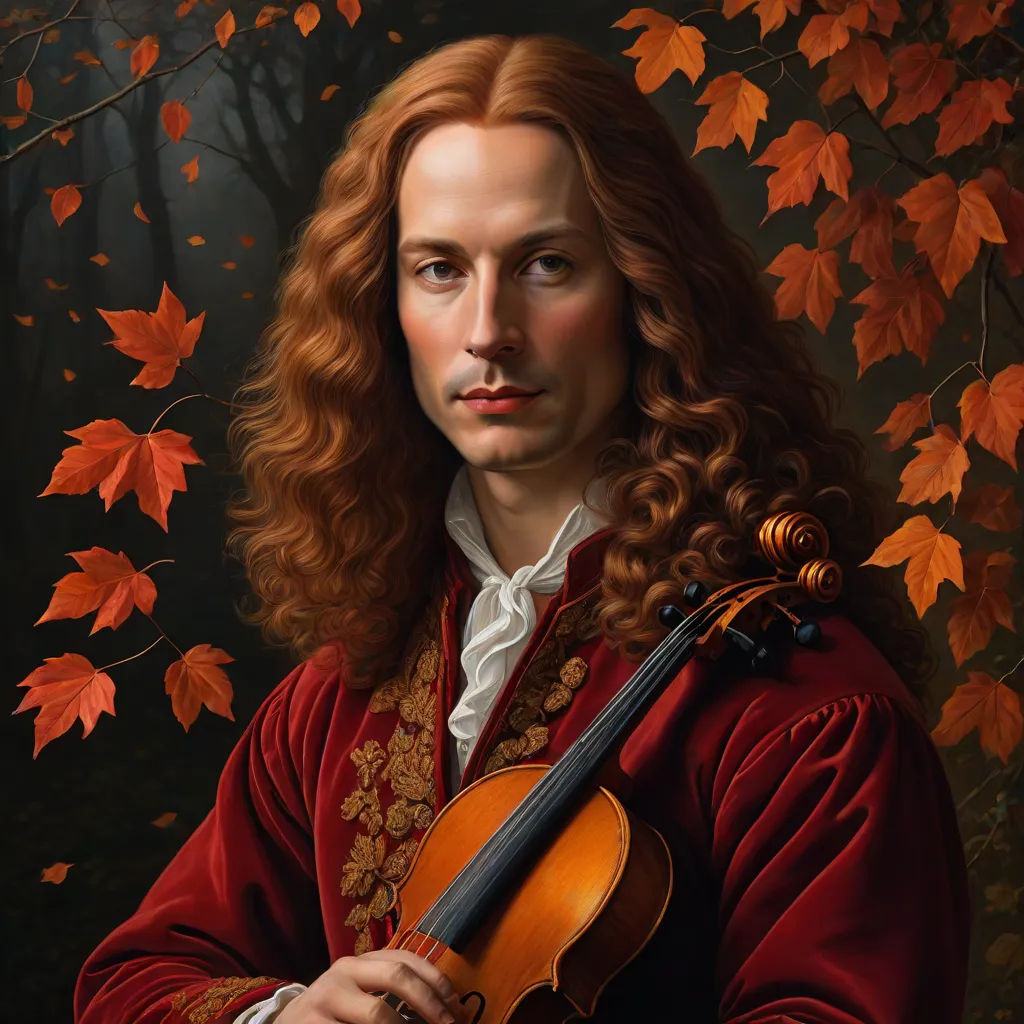 a painting of a man with long hair holding a violin in front of a tree with leaves on it, a photorealistic painting, Donato Giancola, figurative art, highly detailed oil painting
