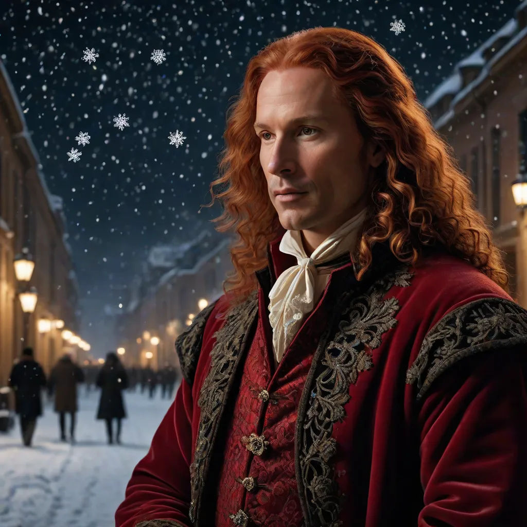 a man in a red coat standing in the snow at night with snowflakes on the ground and people walking around, a flemish Baroque, Christopher Wren, rococo, promotional image