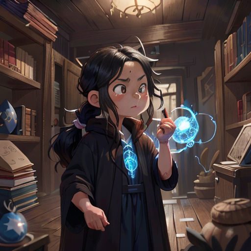 a girl holding a glowing orb in a library with books on the shelves and a book case in the background