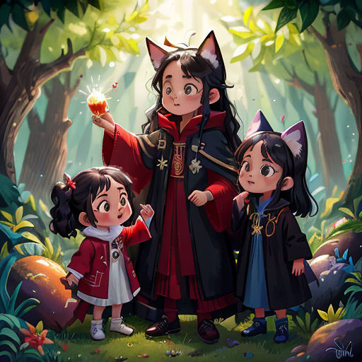 a family of three standing in the woods with a cat on their shoulder and a little girl holding a cup