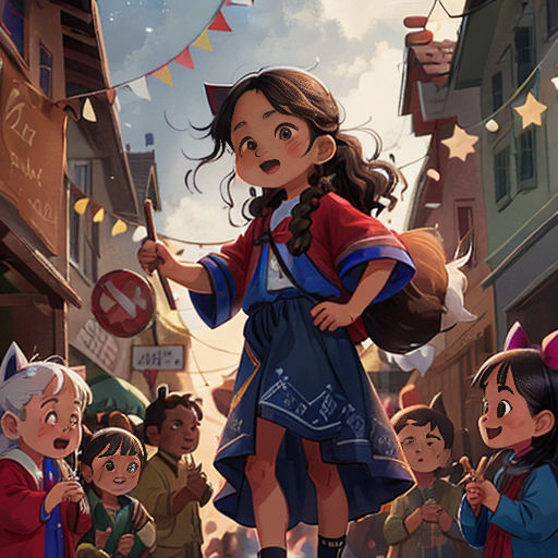 a girl in a blue dress holding a wand and standing in front of a crowd of children in a street