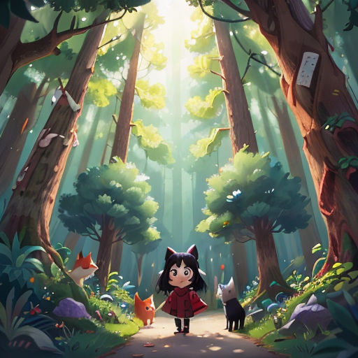 a girl and two cats walking through a forest with a light shining through the trees on the ground and a forest path