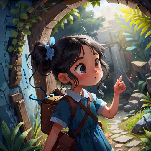 a girl in a blue dress is standing in a doorway with a backpack on her shoulder and a handbag on her hip