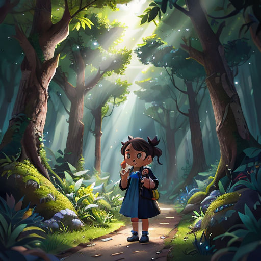 a girl in a blue dress standing in a forest with a light shining through the trees and a path