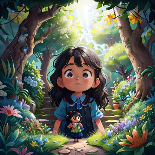 a girl with a backpack standing in a forest with a dog in her lap and a light shining through the trees