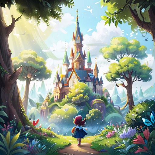 a little girl is walking through a forest towards a castle in the distance with a bird flying over it