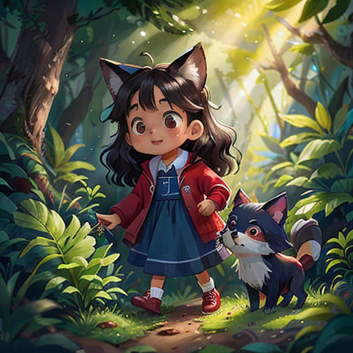 a girl and a cat in the woods with sunlight coming through the trees and leaves on the ground,