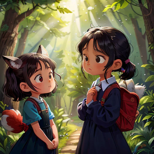 two children standing in the woods looking at each other with a cat on their shoulder and a fox on their shoulder