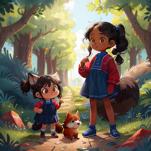 a little girl and a little girl are standing in the woods with a fox and a fox behind them