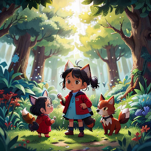 a little girl and two little animals in a forest with trees and flowers on the ground, and a forest background