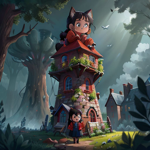a cartoon character standing in front of a house with a cat on top of it and a cat on the roof