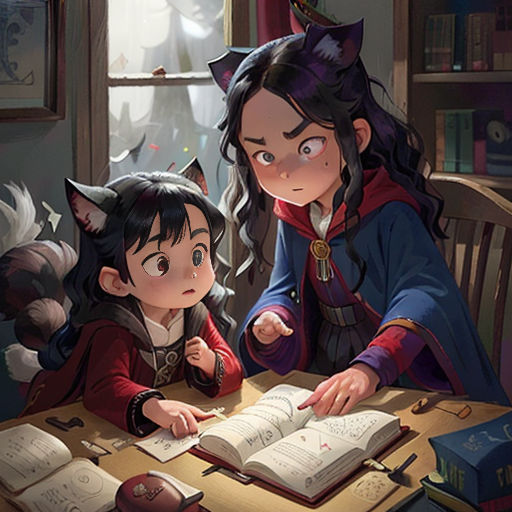 two children are sitting at a table with an open book and a cat is standing next to them,