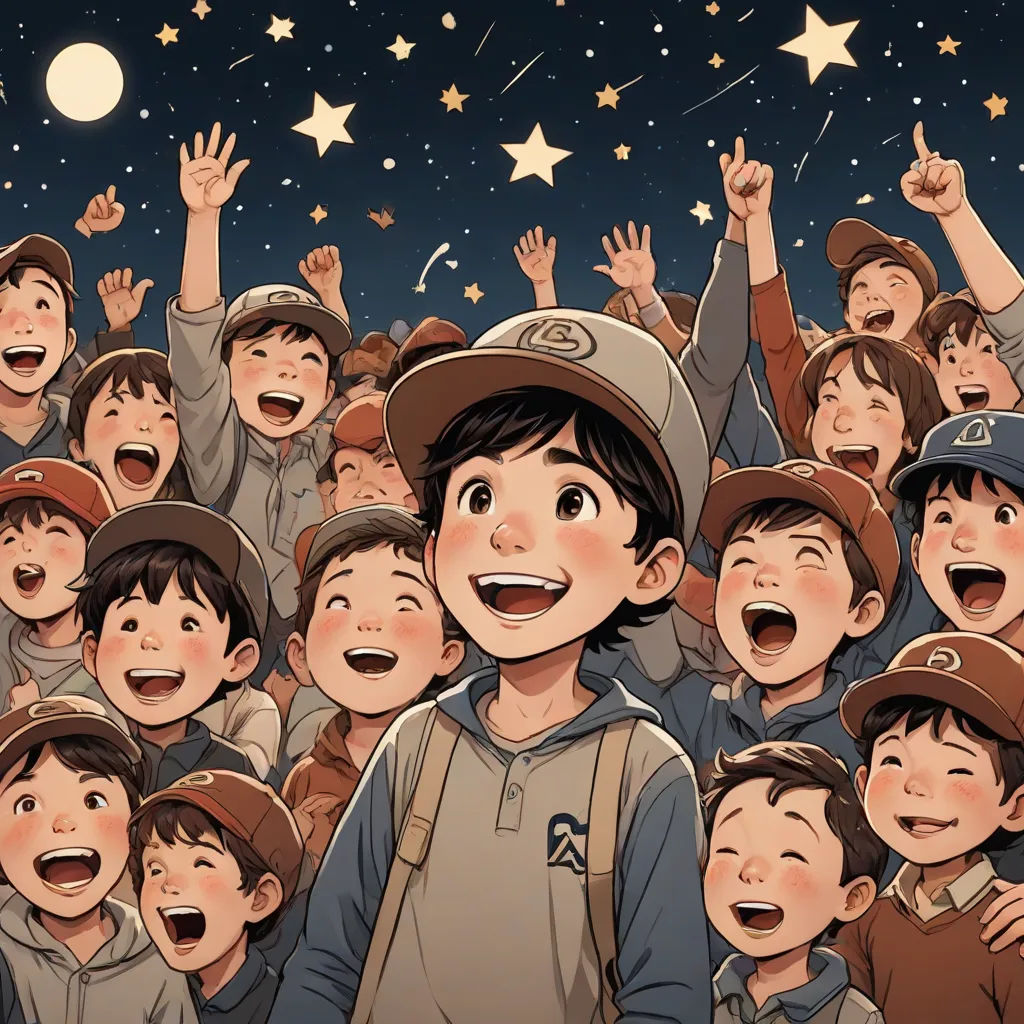 a crowd of children with their hands up in the air and stars in the sky above them, all smiling, space art, a storybook illustration, Asaf Hanuka, stars