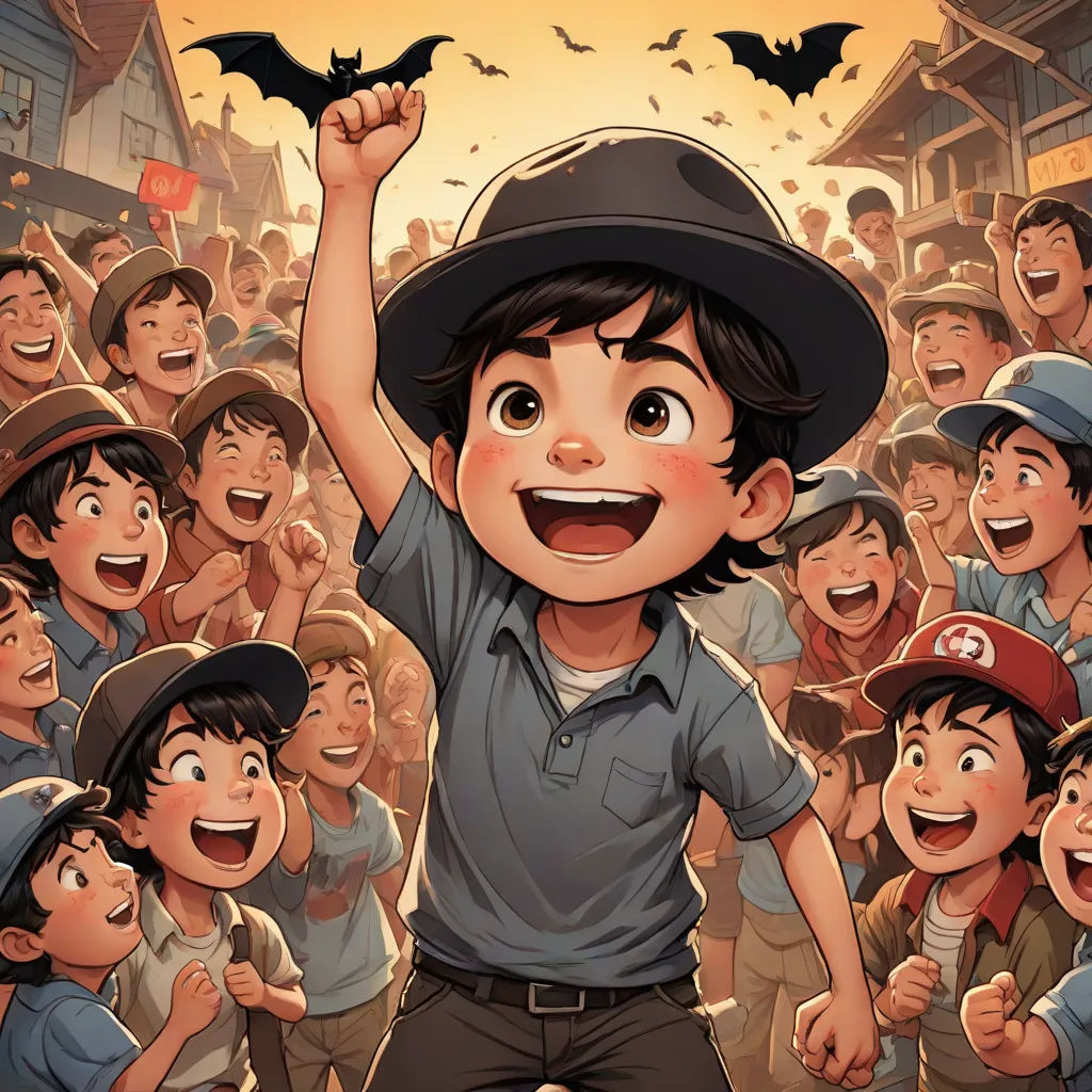 a boy in a hat is surrounded by a crowd of boys with bats on their shoulders and arms in the air, rayonism, a storybook illustration, Dustin Nguyen, stanley artgerm lau