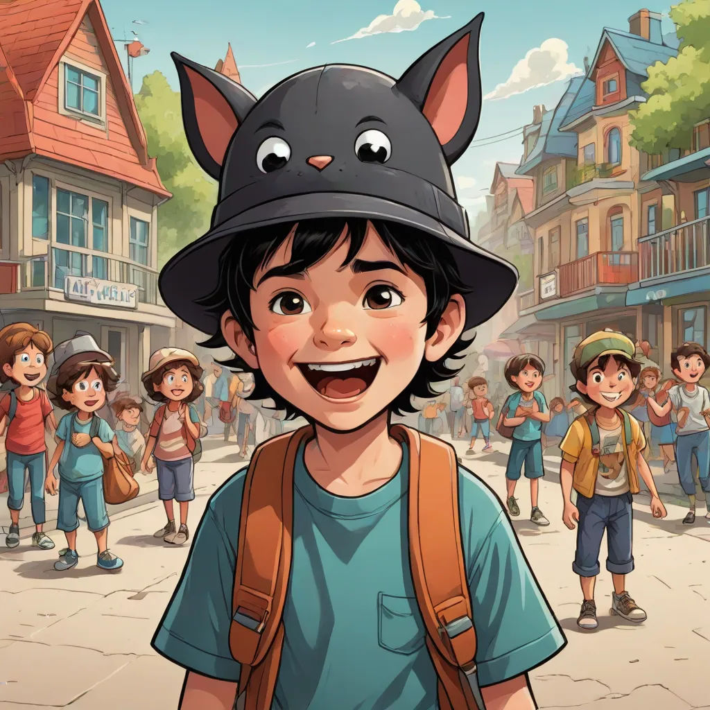 a boy with a hat on and a backpack on in front of a crowd of people on a street, serial art, a storybook illustration, Cedric Seaut (Keos Masons), storybook illustration