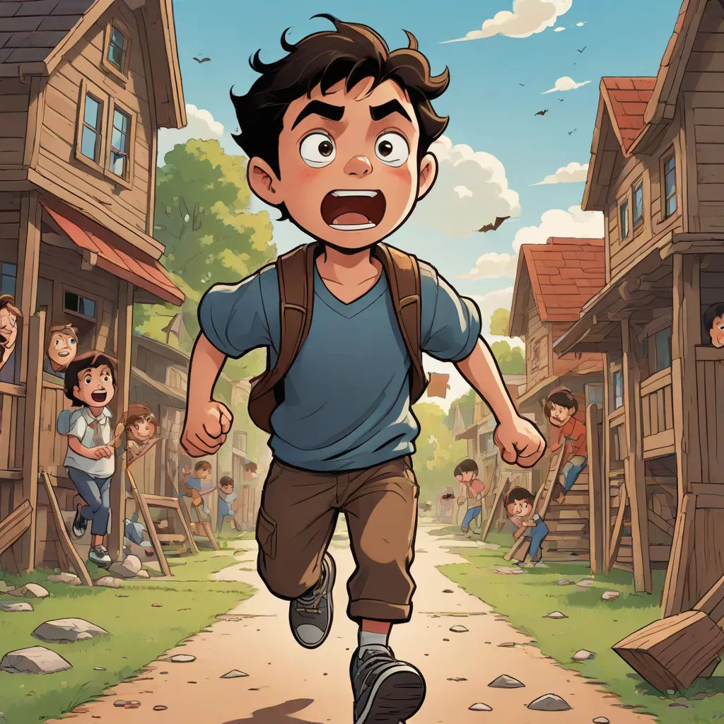a boy running down a street with a bunch of kids in the background and a cartoon of a boy running down a street, serial art, a comic book panel, Asaf Hanuka, comic cover art