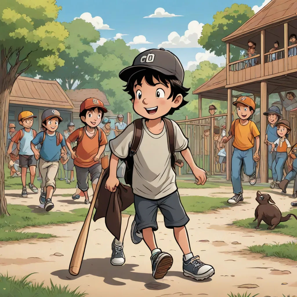 a boy with a baseball bat and a baseball cap walking towards a group of children in a park with a dog, serial art, a storybook illustration, Cliff Childs, comic cover art
