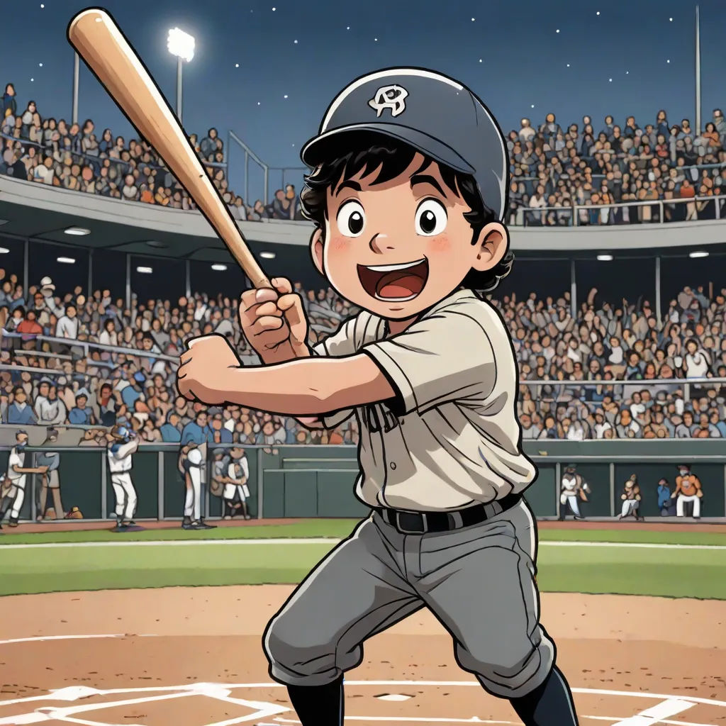 a cartoon baseball player holding a bat in front of a crowd of people in a stadium at night time, lyco art, a comic book panel, Akira Toriyama, yukito kishiro