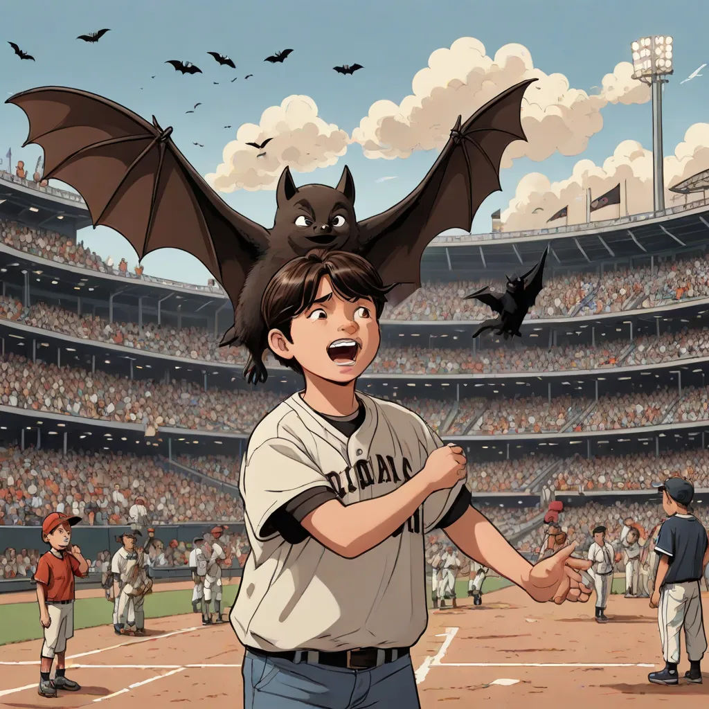 a bat flying over a baseball field with bats flying overhead and a man in a baseball uniform holding a bat, rayonism, a comic book panel, Cliff Childs, official art