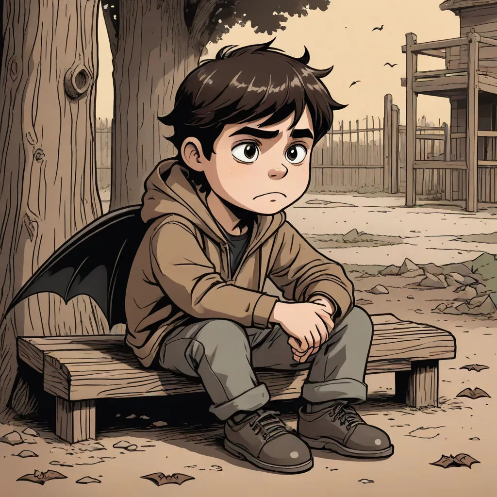 a boy sitting on a bench in the park with a bat on his shoulder and a bat on his shoulder, gothic art, a character portrait, Cliff Childs, comic cover art