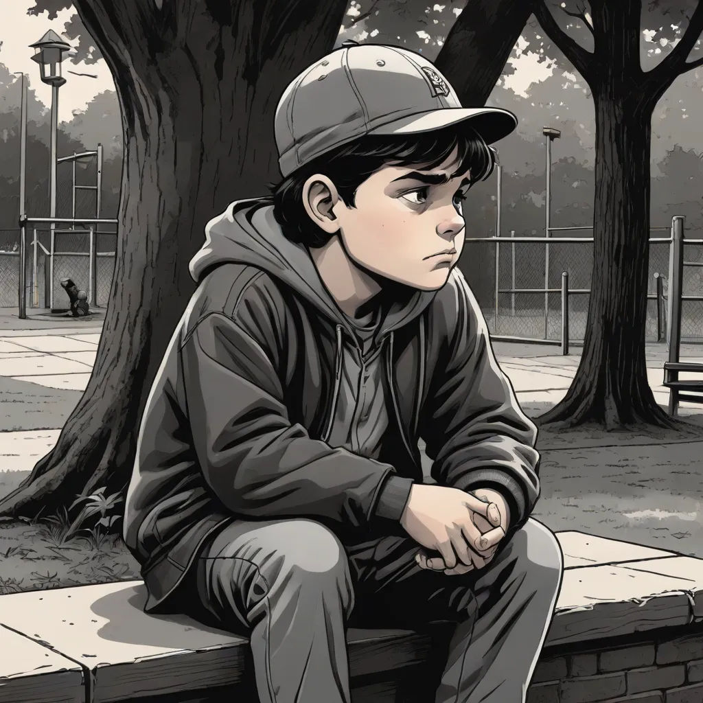 a boy sitting on a bench in a park with a baseball cap on his head and a baseball cap on his head, process art, a comic book panel, Clark Voorhees, graphic novel