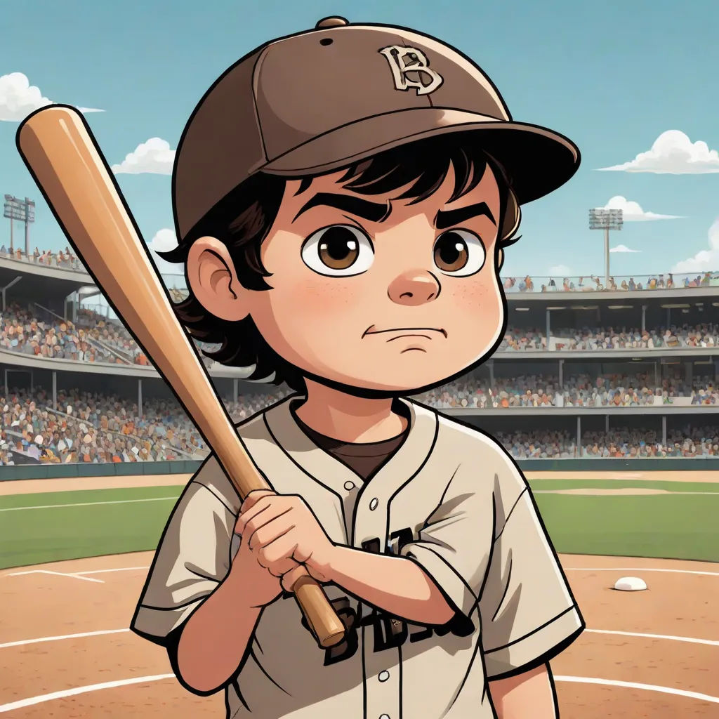 a cartoon of a boy holding a baseball bat in a baseball field with a crowd of people in the stands, lowbrow, a character portrait, Cliff Childs, 2 d game art