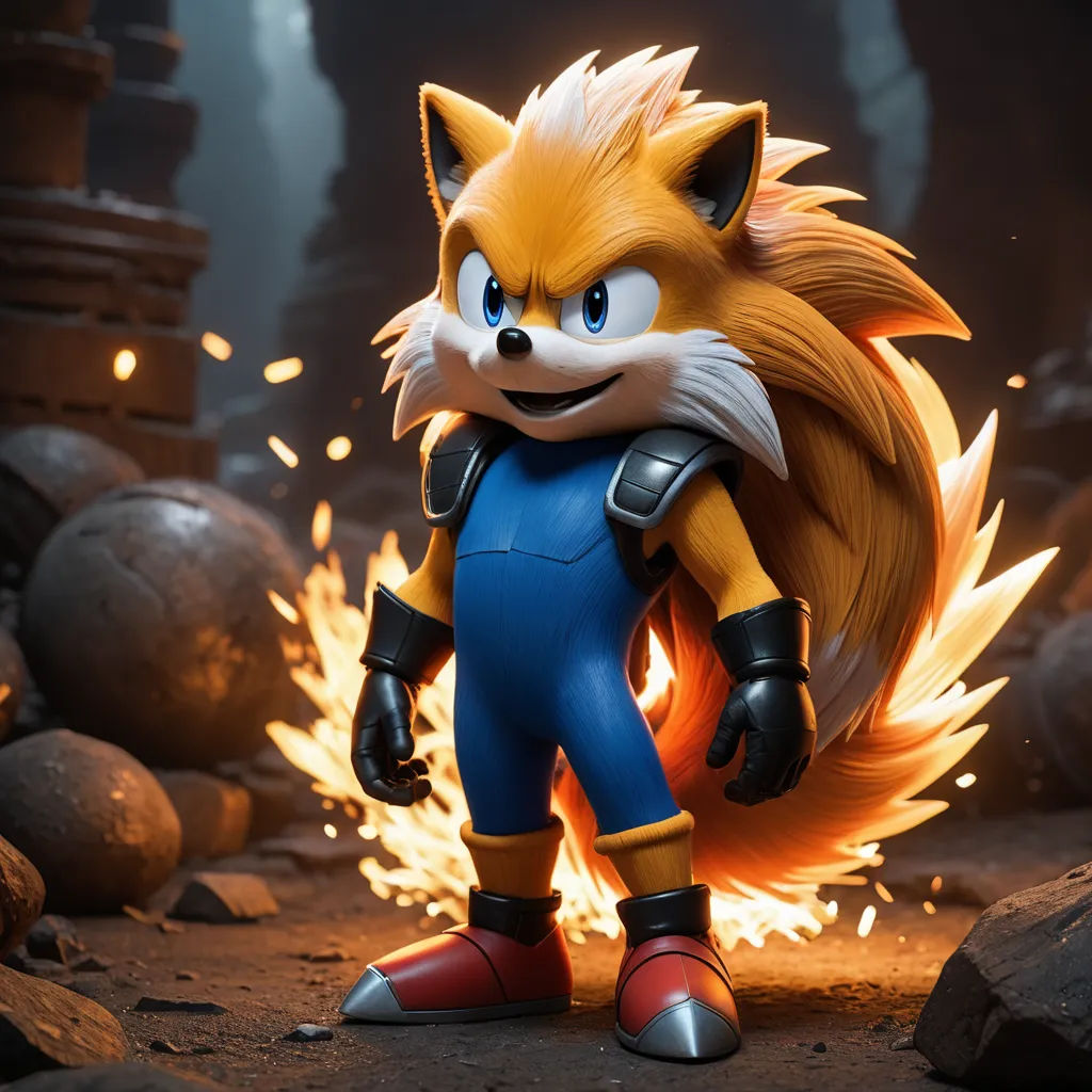 a cartoon character with a fox like face and tail, standing in a cave with fire and rocks, with a glowing background, sots art, a 3D render, Chris LaBrooy, unreal engine 5 quality render