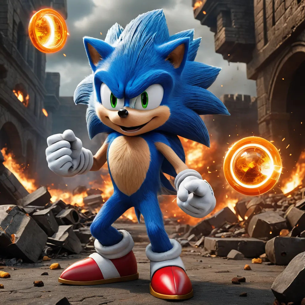 a sonic the hedge character in a scene from the movie sonic the hedge, with a fireball in the background, sots art, concept art, Chris LaBrooy, unreal engine 5 quality render