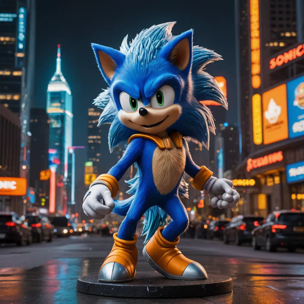 a statue of a blue and orange cat in a city street at night with a city skyline in the background, photorealism, a 3D render, Chris LaBrooy, unreal engine highly rendered