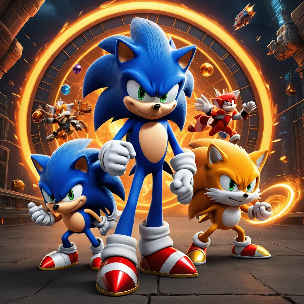 a group of sonic and tails characters in a video game poster with a glowing background and a glowing circle, sots art, concept art, Eddie Mendoza, key art