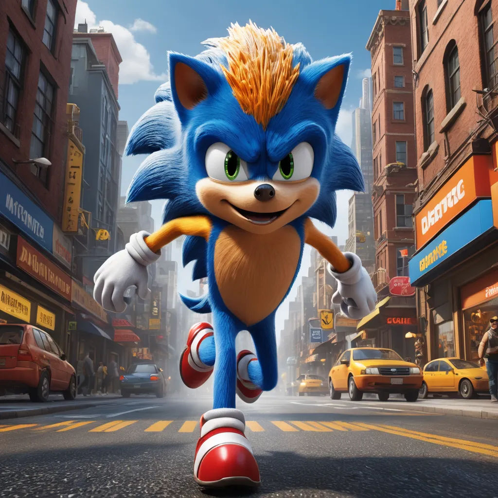 a cartoon character running down a city street in a sonic movie poster with a city background and a yellow taxi, sots art, concept art, Chris LaBrooy, unreal engine 5 highly rendered