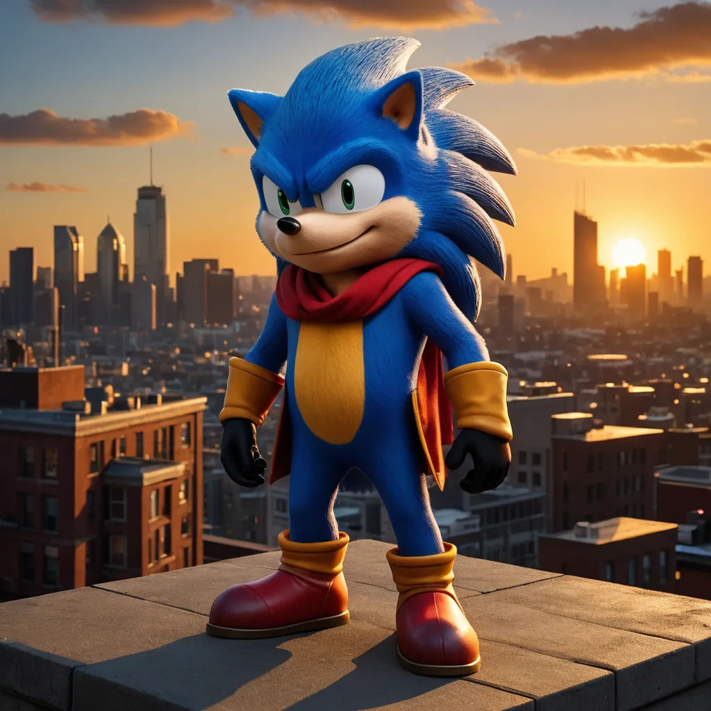 a sonic the hedge statue on top of a building in a city at sunset with a city skyline in the background, sots art, a 3D render, Chris LaBrooy, unreal engine 5 quality render