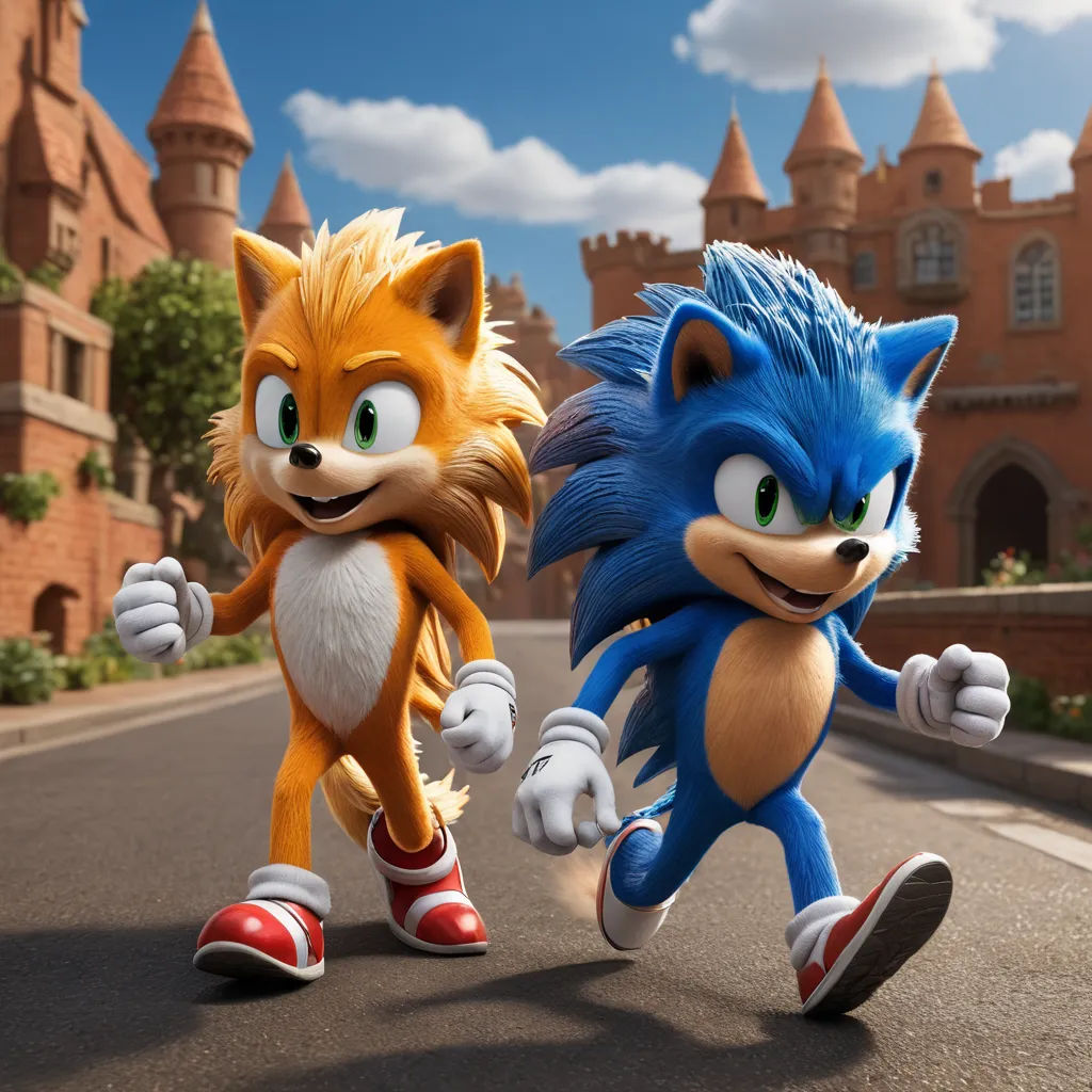 a cartoon image of two sonic and tails running down a street in front of a castle with a sky background, sots art, concept art, Chris LaBrooy, unreal engine 5 quality render