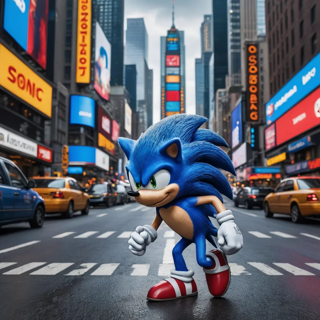 a sonic the hedge character is walking across the street in a city with tall buildings and cars on the street, photorealism, concept art, Eddie Mendoza, official art