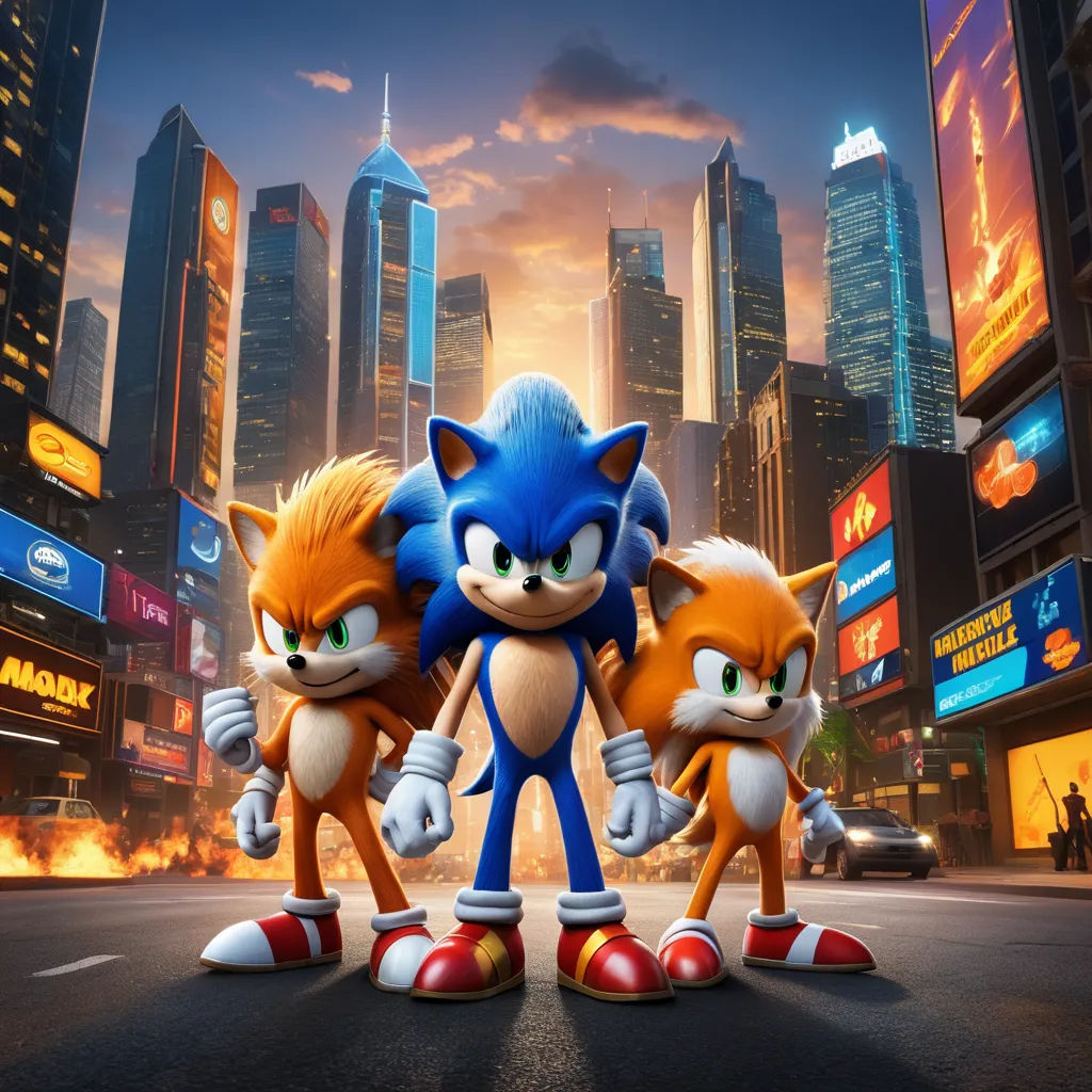 a group of sonic and tails standing in the middle of a city street with a fire in the background, sots art, concept art, Eddie Mendoza, key art