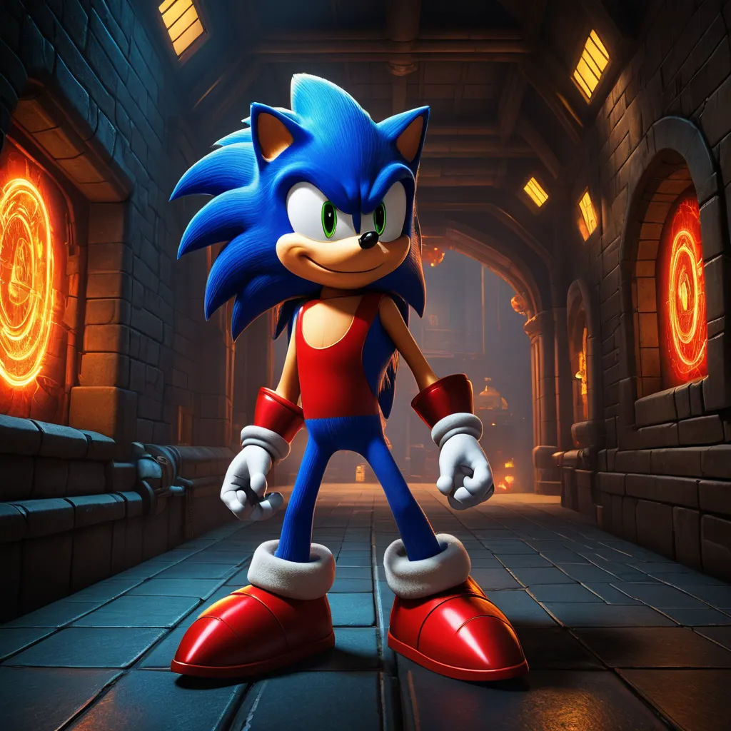 a sonic the hedge character in a tunnel with a red shoe on the floor and a red and white shoe on the ground, sots art, a 3D render, Eddie Mendoza, unreal engine 5 highly rendered