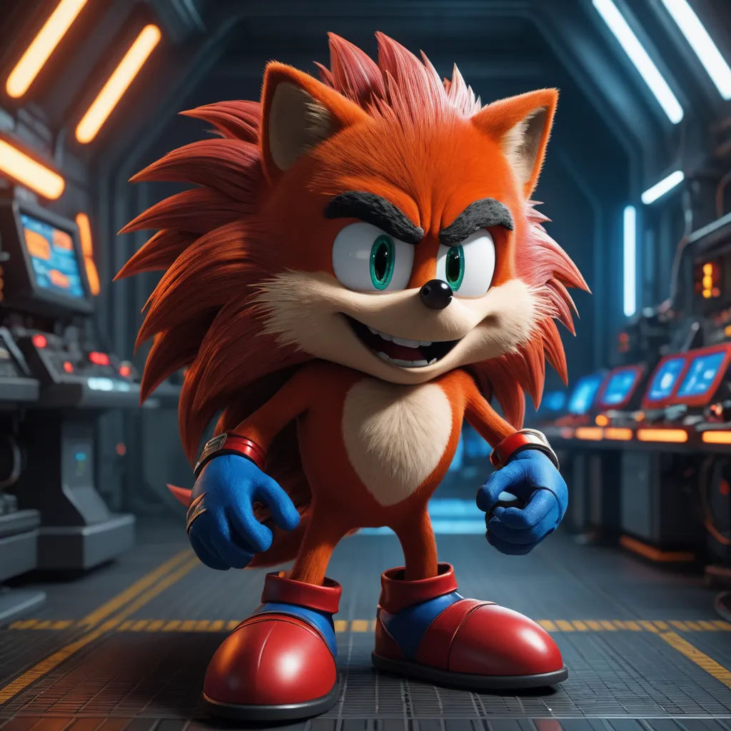 a cartoon character in a space station with a red and blue cat on his feet and a red and blue shoe, sots art, a 3D render, Chris LaBrooy, unreal engine 5 quality render