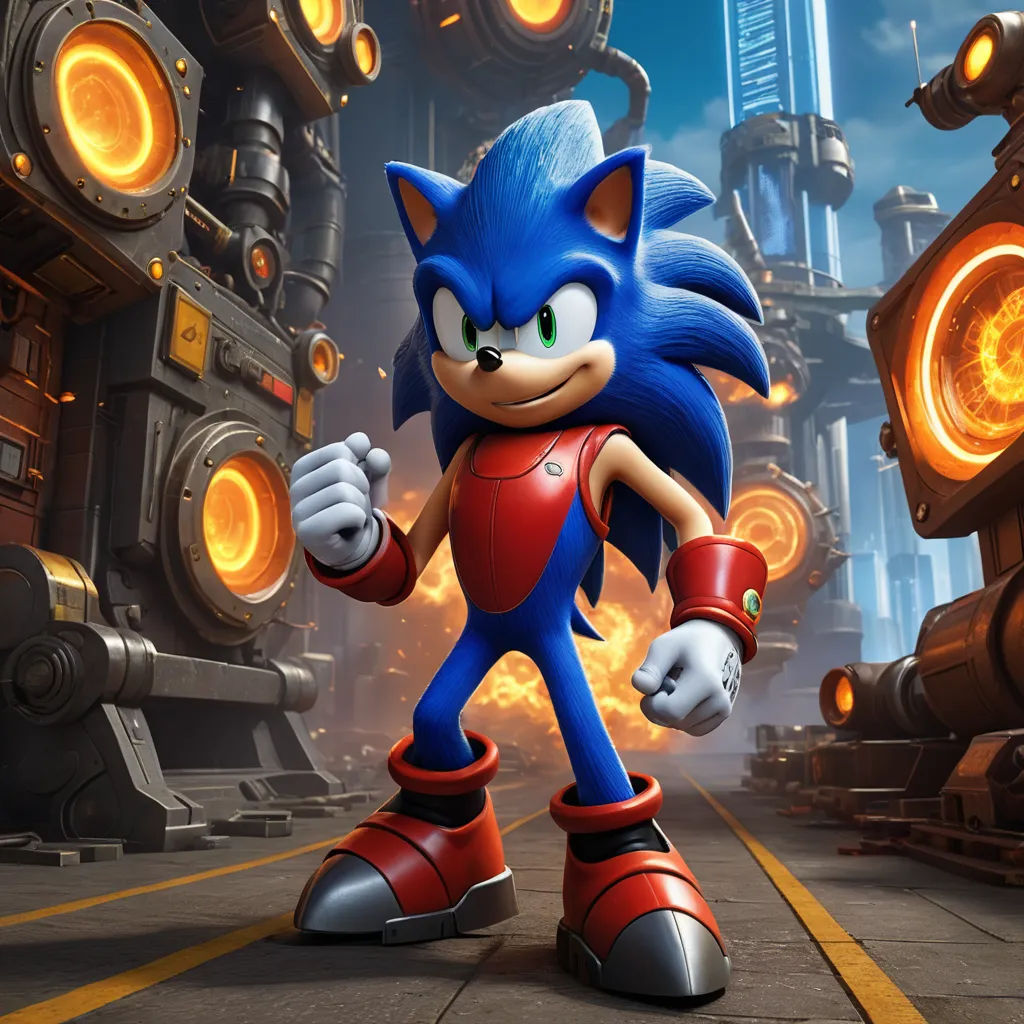 a sonic the hedgehog character in a futuristic city setting with a huge metal object in the background and a glowing orange light, sots art, concept art, Eddie Mendoza, unreal engine highly rendered
